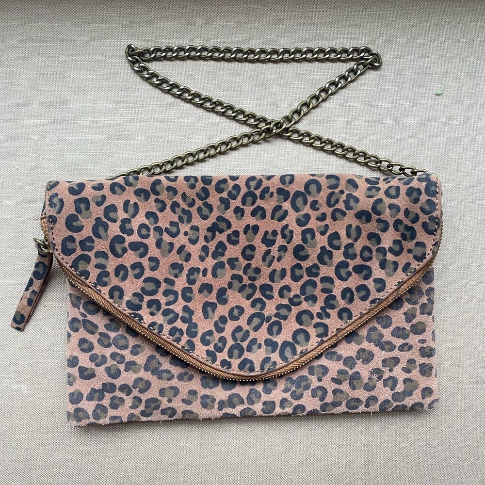 J Crew 100% Leather Leopard Print Chain Strap Envelope Clutch